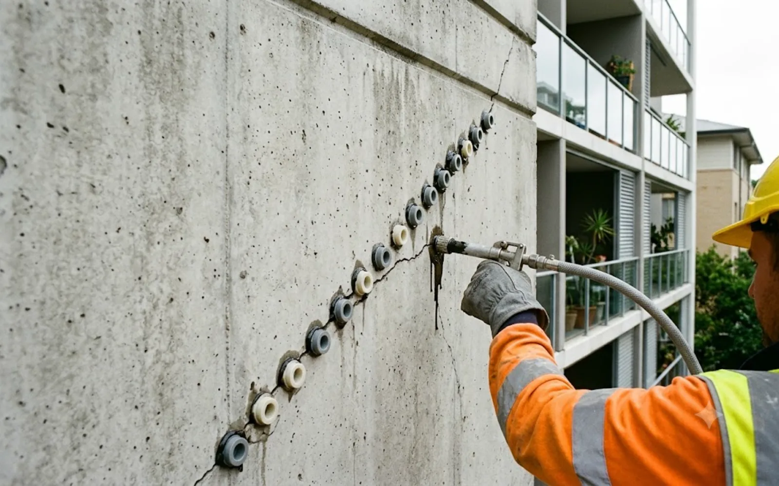 Crack injection (epoxy): row of resin ports along a crack on a concrete wall, injection gun in use, Sydney strata building