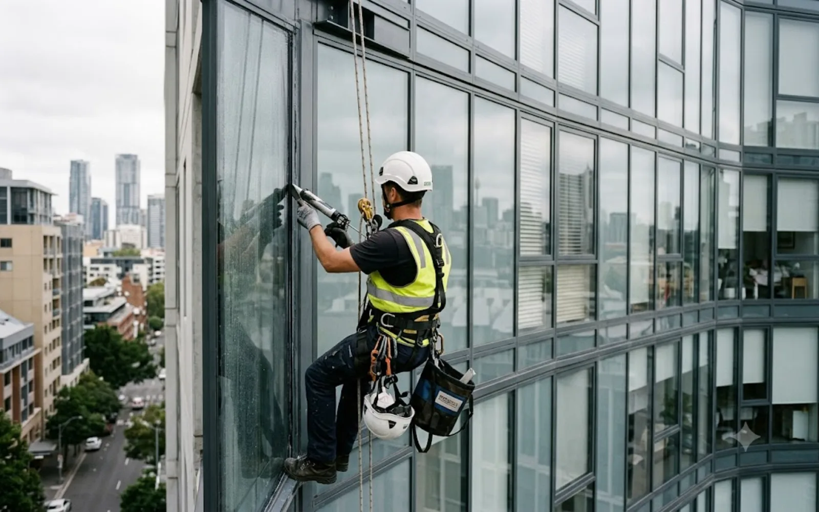Curtain wall remediation: rope-access technician resealing a glazing joint on a Sydney glass facade, city skyline behind