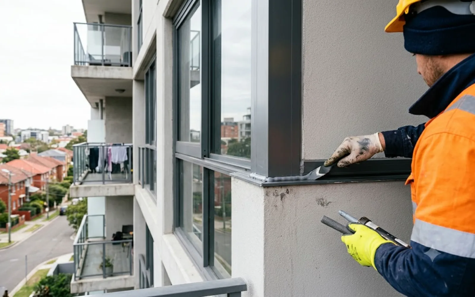 Window sealant & gasket renewal: fresh perimeter sealant tooled around an apartment window frame, Sydney strata building