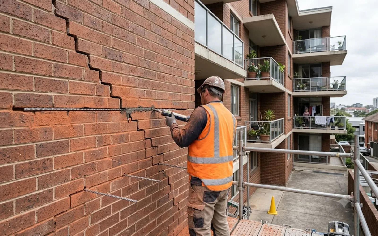 Structural crack stitching: helical bars bedded into raked joints across a stepped crack in a Sydney brick wall