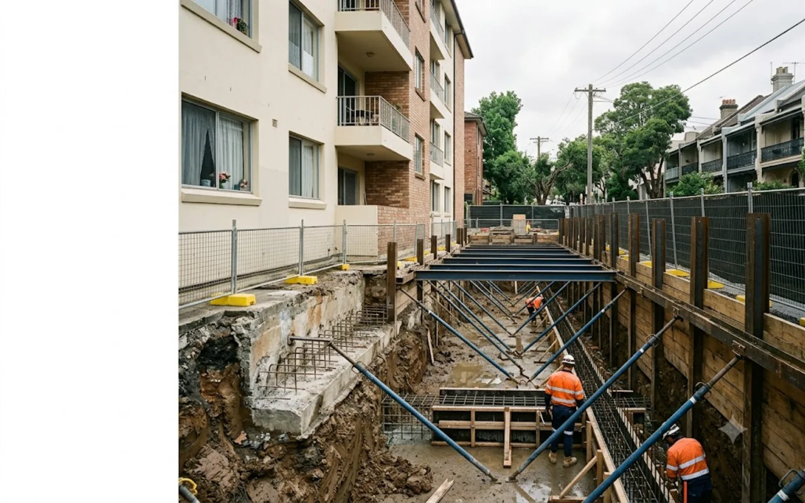 Underpinning & footing repair: shored excavation exposing a strip footing beside a Sydney apartment building