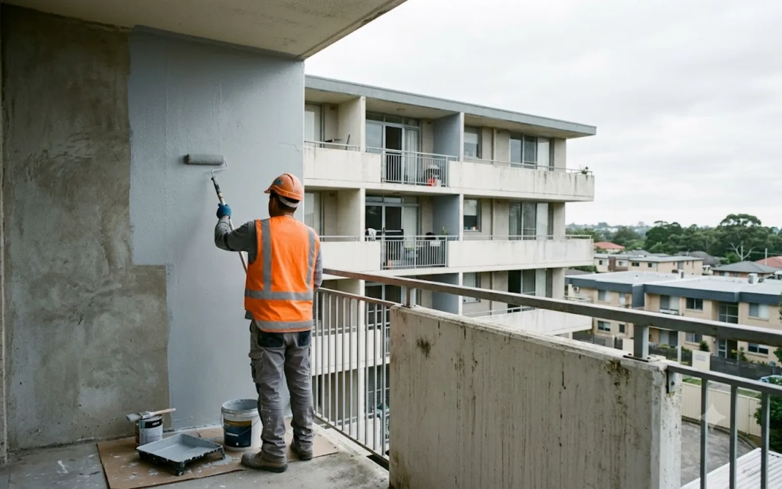Anti-carbonation protective coating being roller-applied to a concrete balcony wall on a Sydney strata building
