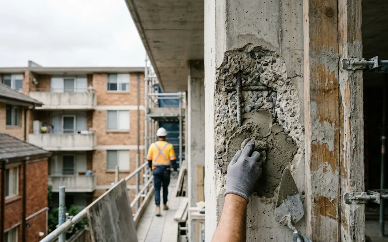 Honeycombing defect reinstatement: repair mortar hand-packed into a voided concrete column on a Sydney strata building