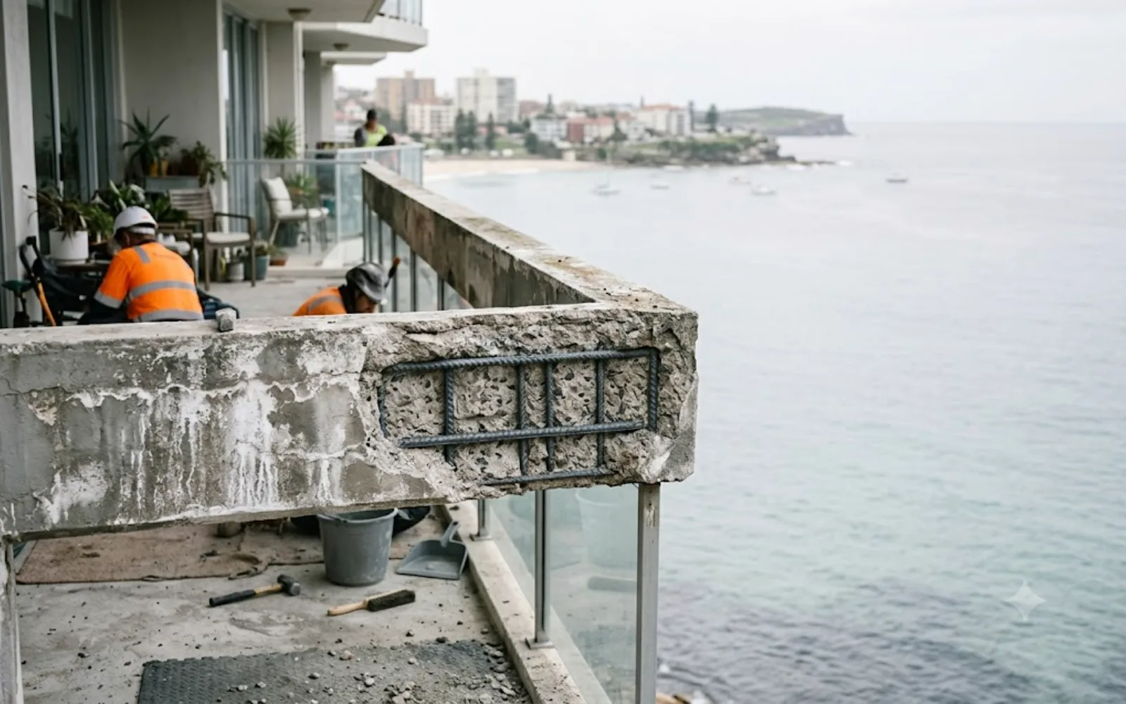 Chloride attack remediation: broken-out coastal balcony concrete exposing rust-treated reinforcement and salt staining, Sydney