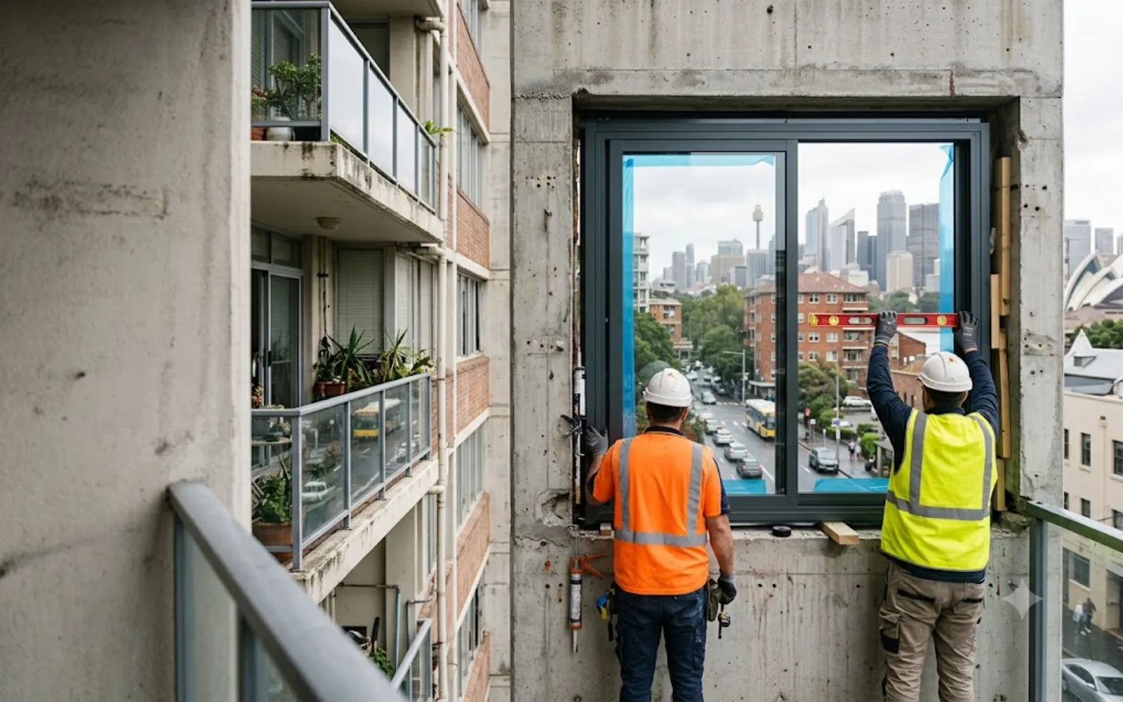 Acoustic & thermal window upgrade: new double-glazed unit installed into a Sydney apartment opening, city skyline beyond