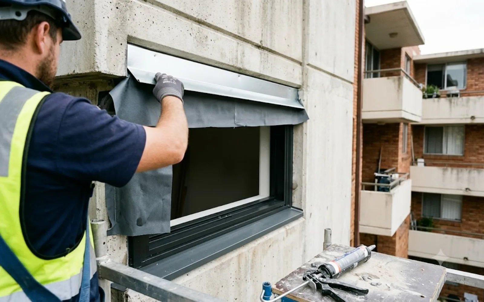 Sill, head and flashing repair: new metal head flashing dressed over a Sydney apartment window opening