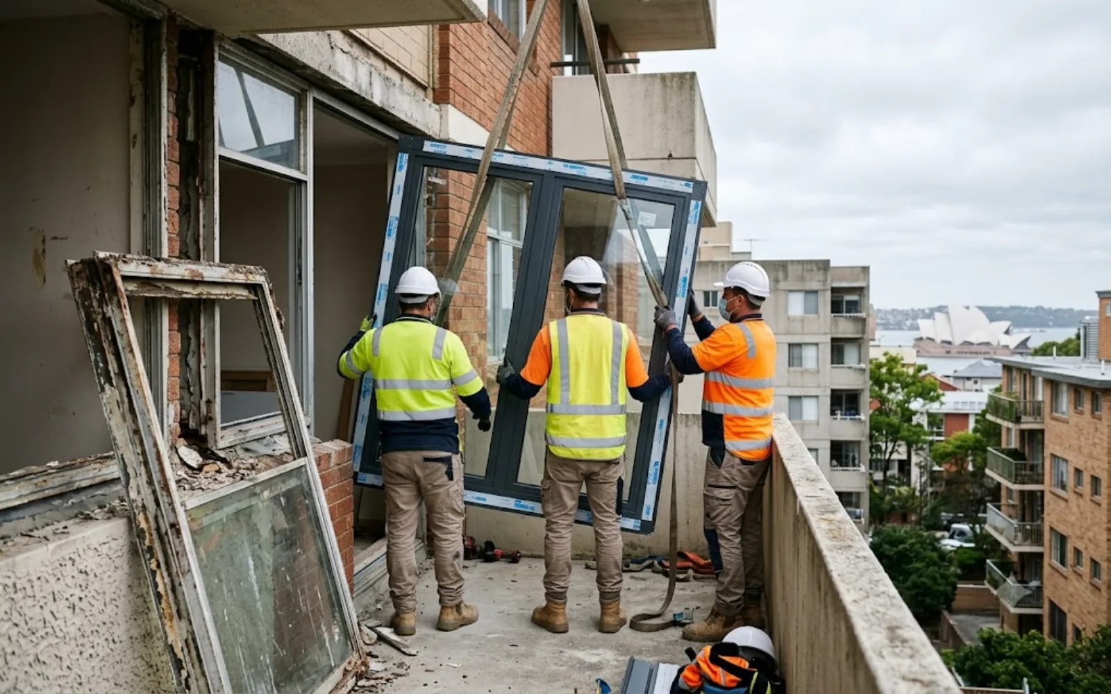 Window and curtain wall replacement: crew lifting a new unit into a Sydney apartment opening with the old frame removed