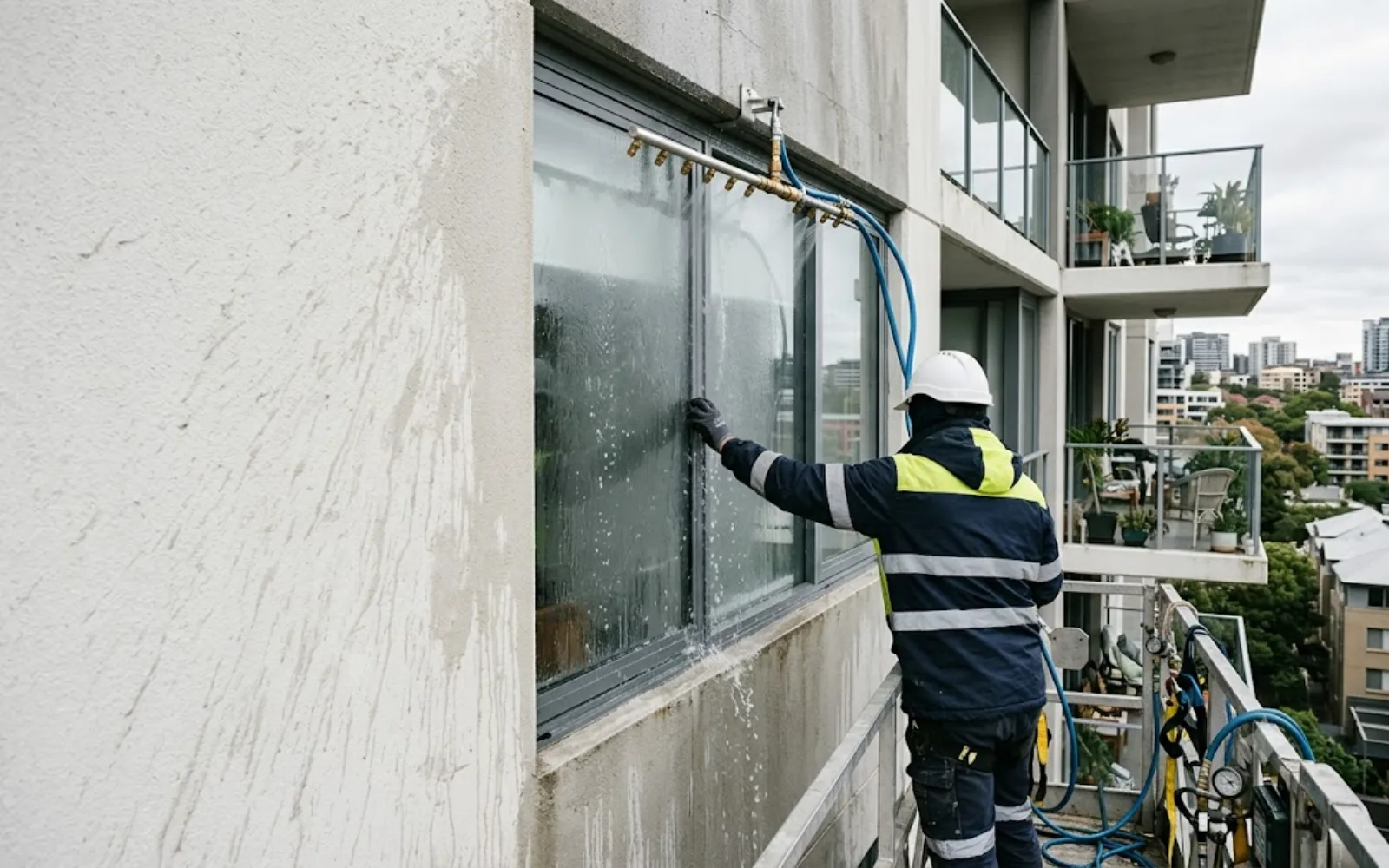 Window leak investigation: diagnostic water testing of an apartment window perimeter with a spray bar, Sydney strata building