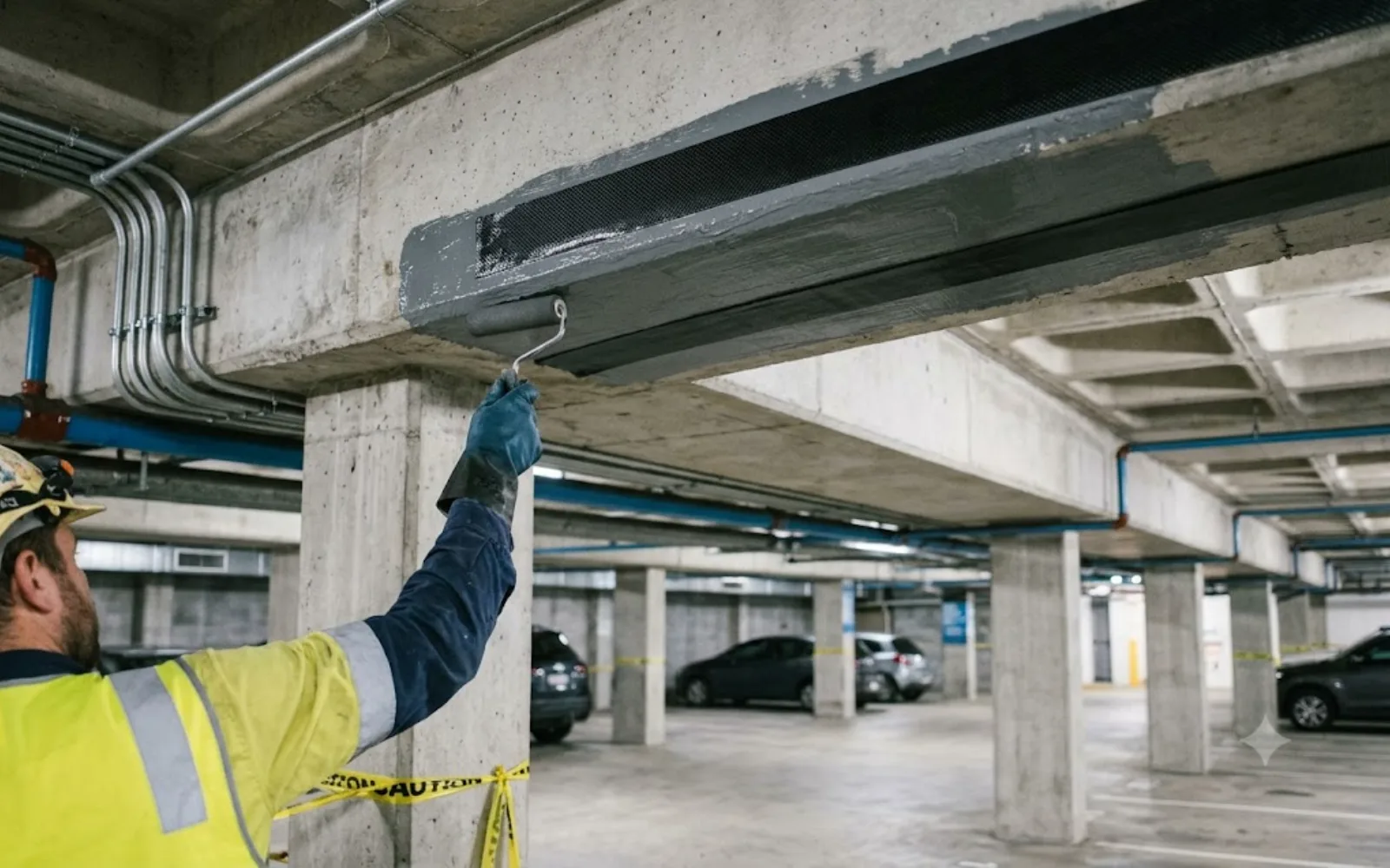 Slab & beam strengthening: carbon-fibre laminate bonded to a concrete beam soffit in a Sydney carpark