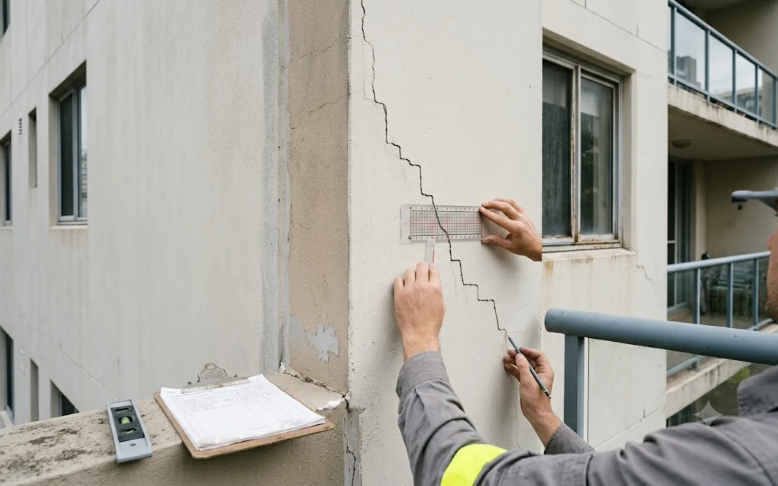 Structural movement investigation: a crack-monitoring tell-tale gauge fitted across a diagonal crack on a Sydney apartment wall
