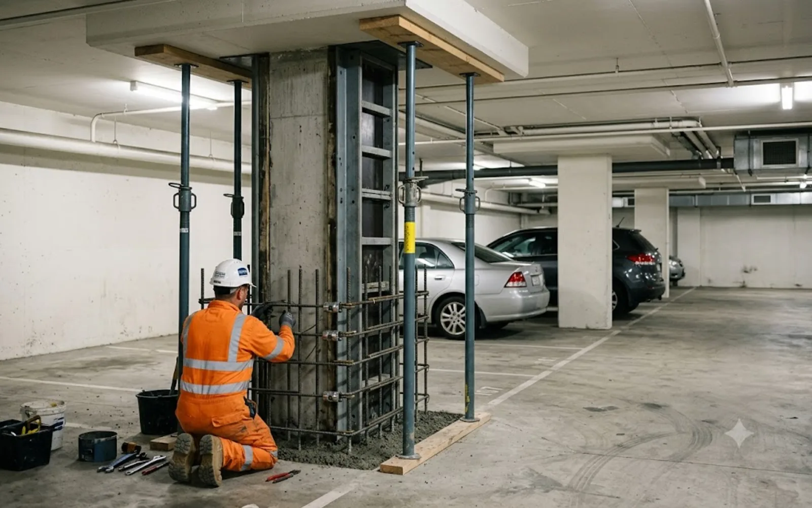 Column and load-path repair: a concrete carpark column jacketed and propped to take load during strengthening, Sydney