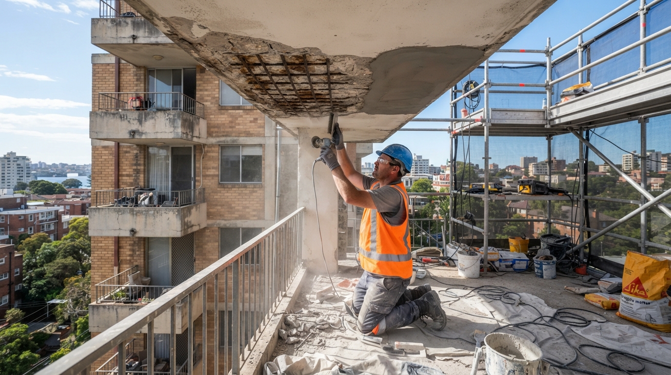 Remedial worker treating corroded reinforcement bar during a concrete cancer repair on a Sydney apartment building balcony