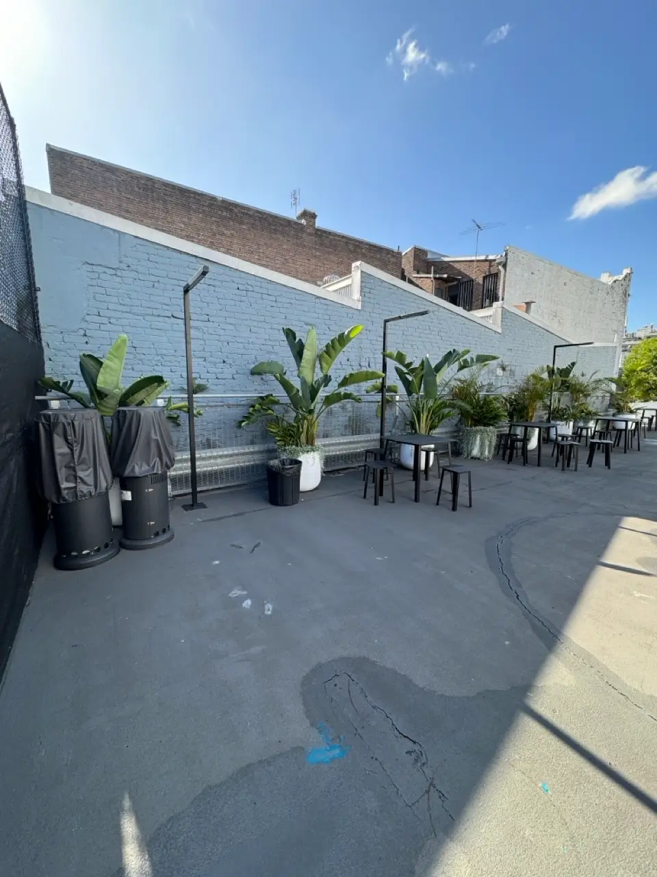 Roof terrace works at Henrietta St, Chippendale — reinstated rooftop terrace with planters against the painted brick wall