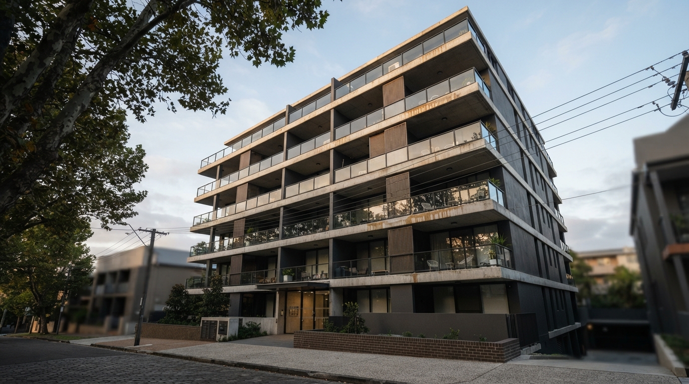 Sydney strata apartment building facade with balcony bays showing early water staining, typical of the serious defects found in NSW strata buildings.