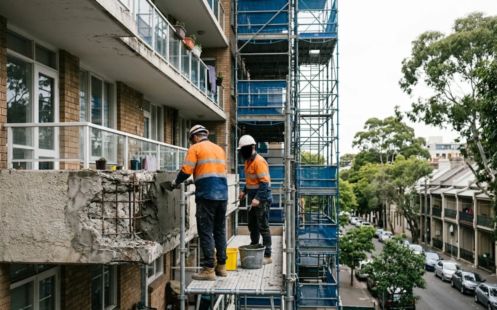 Concrete repair works underway on a Sydney strata building