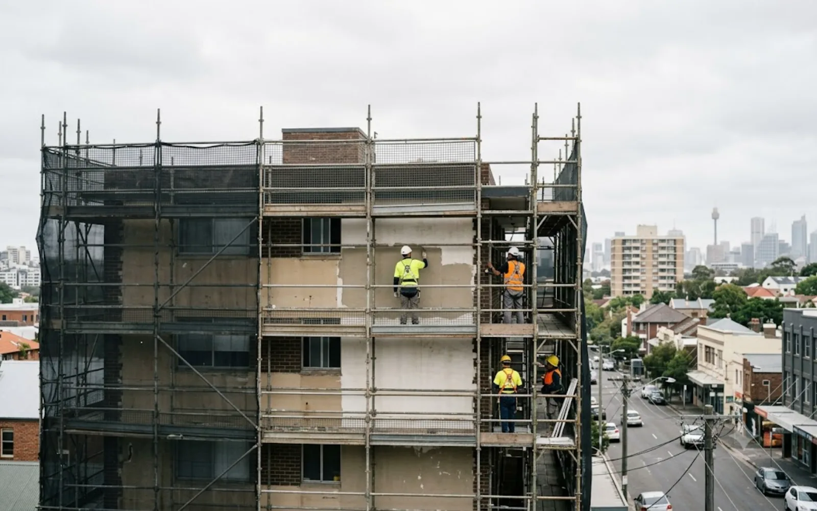 Facade remediation works with access scaffolding on a Sydney apartment building