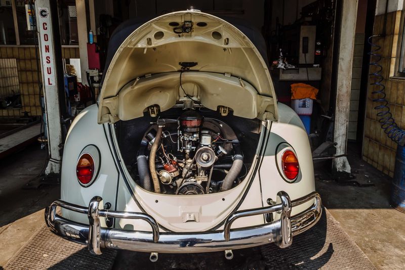 White classic VW Beetle engine