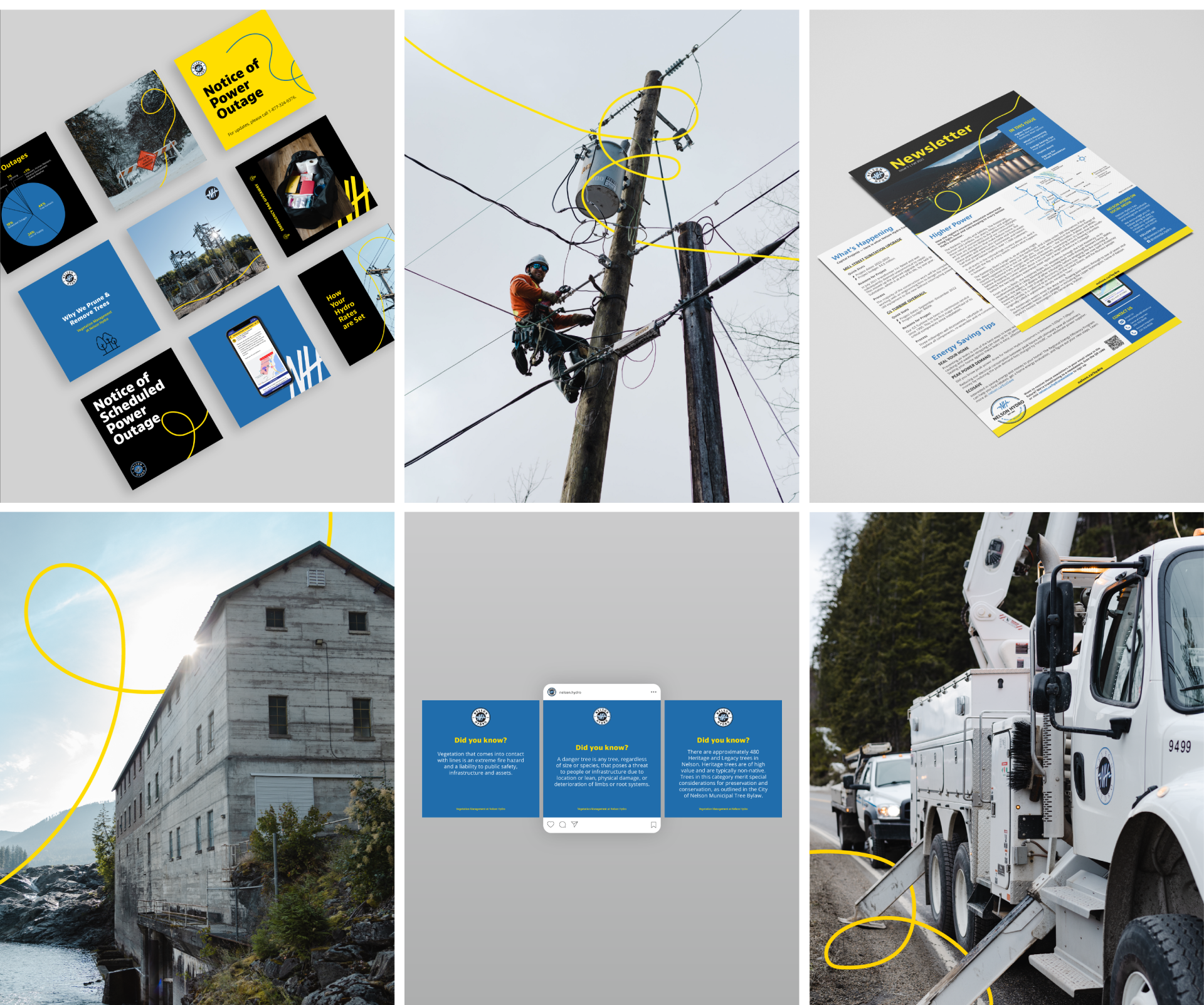 Nelson Hydro social posts, print and photography with the curving line
