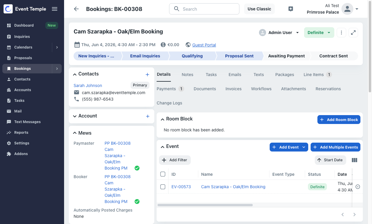 The booking inside Event Temple Sales and Catering, showing Origin: Booking Engine, Definite status, and payment received