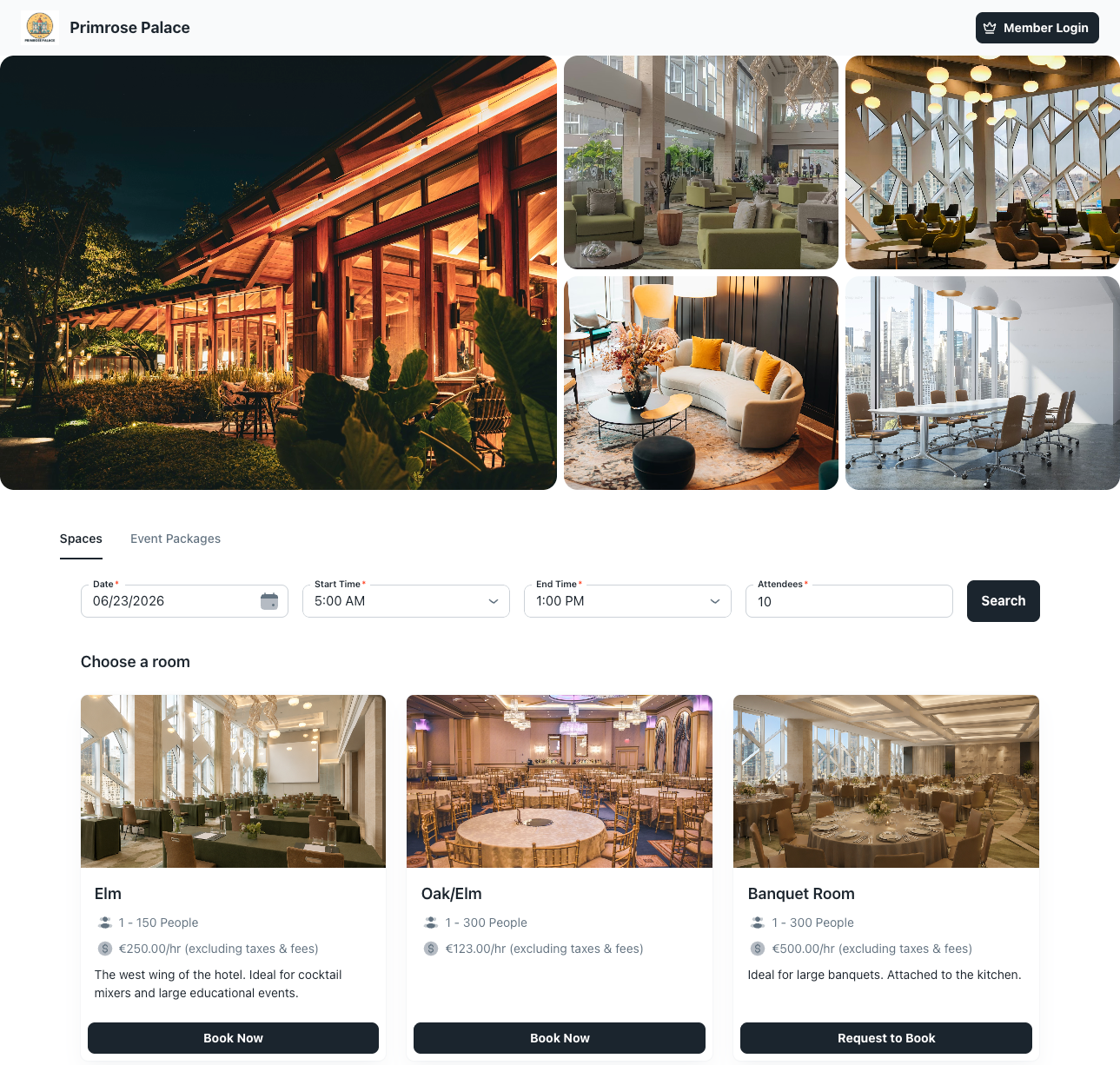 The hotel's branded Booking Engine portal with live availability and rooms available to book