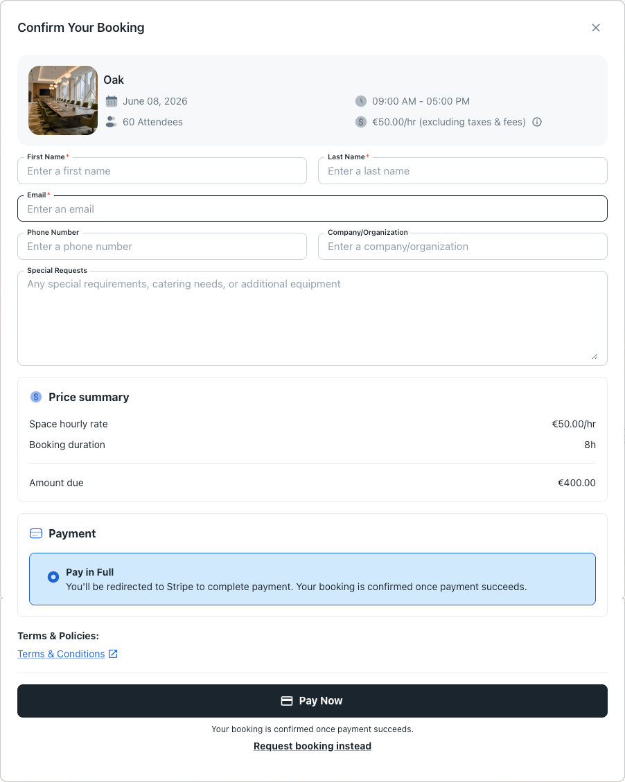 The Confirm Your Booking screen collecting guest details, price summary, and online payment