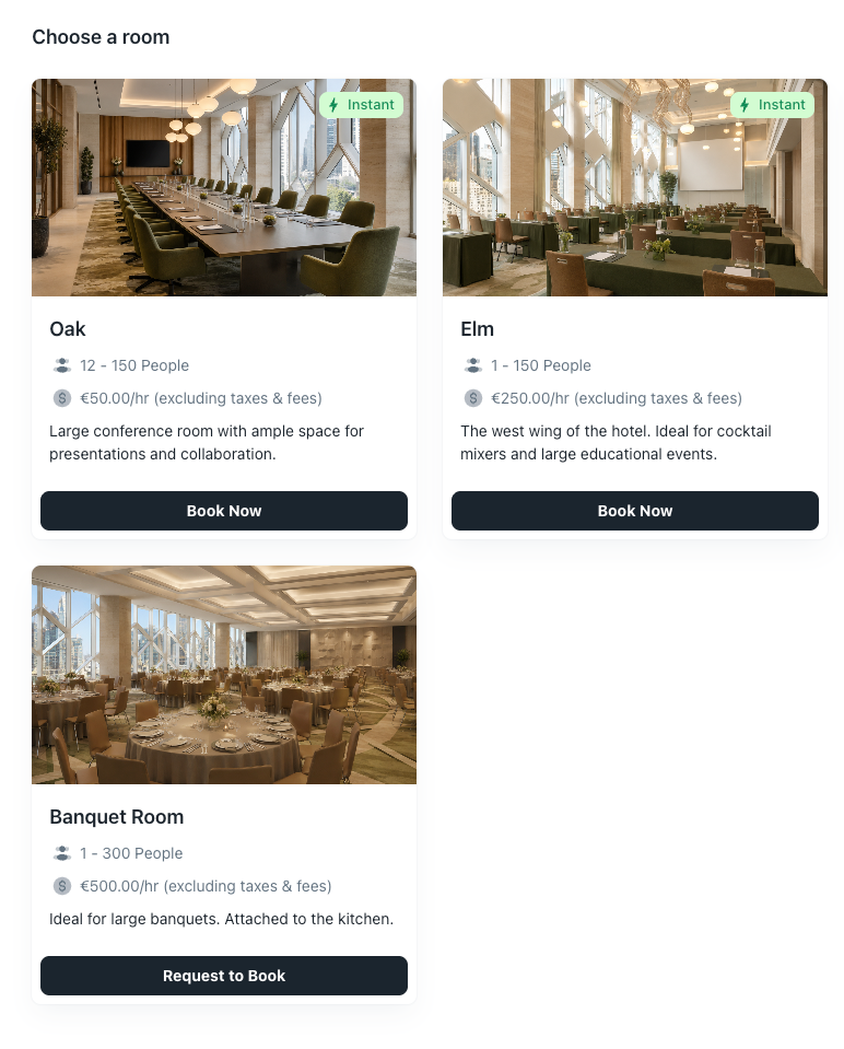A hotel's Booking Engine portal showing meeting rooms available to book online, each with a Book Now button