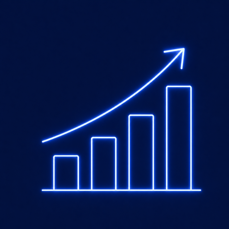 Hotel buildings rising in height with an upward arrow, representing portfolio growth