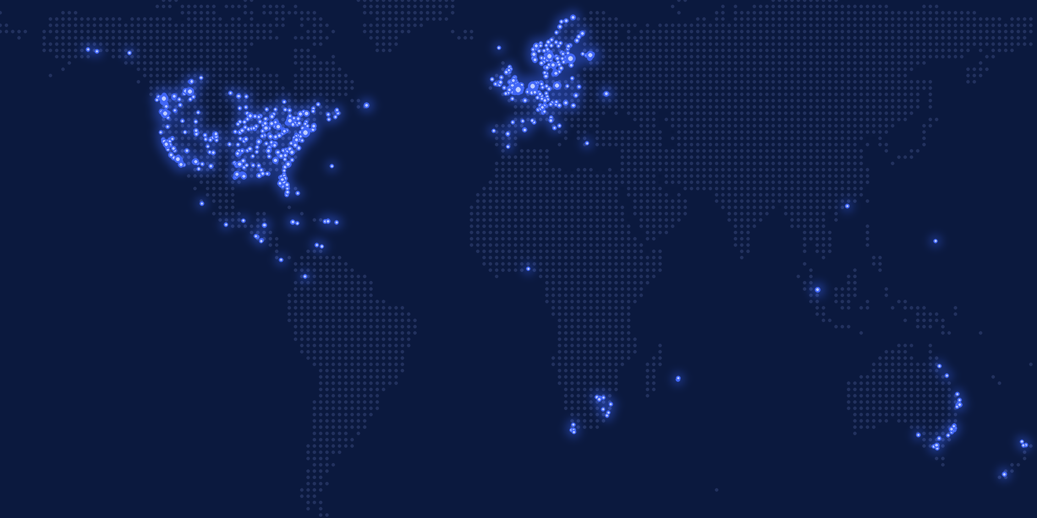 World map with glowing dots marking the cities where hotels sell groups, meetings, and events with Event Temple