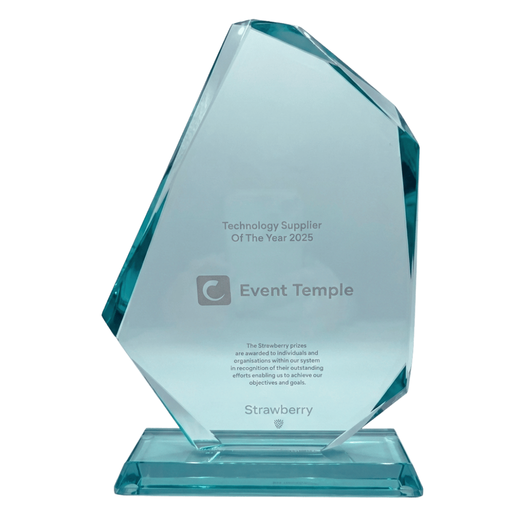 Strawberry Technology Supplier of the Year 2025 trophy, awarded to Event Temple