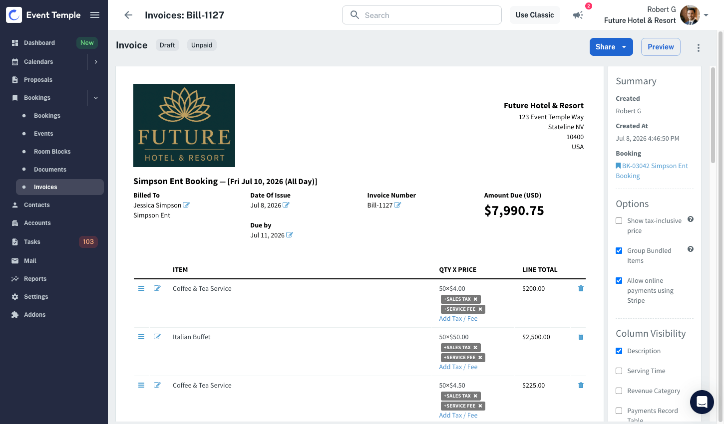 Event Temple hotel invoice with online payment status
