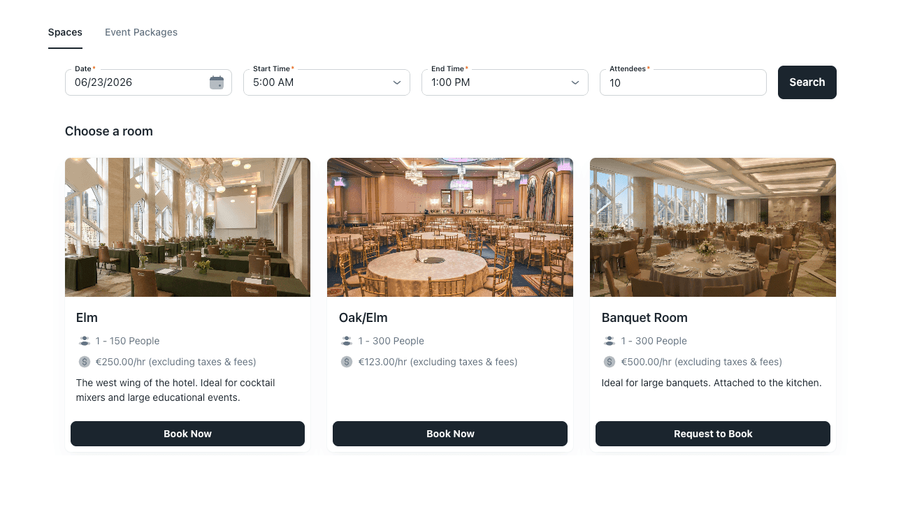 The Event Temple Booking Engine portal where guests book hotel meeting rooms online