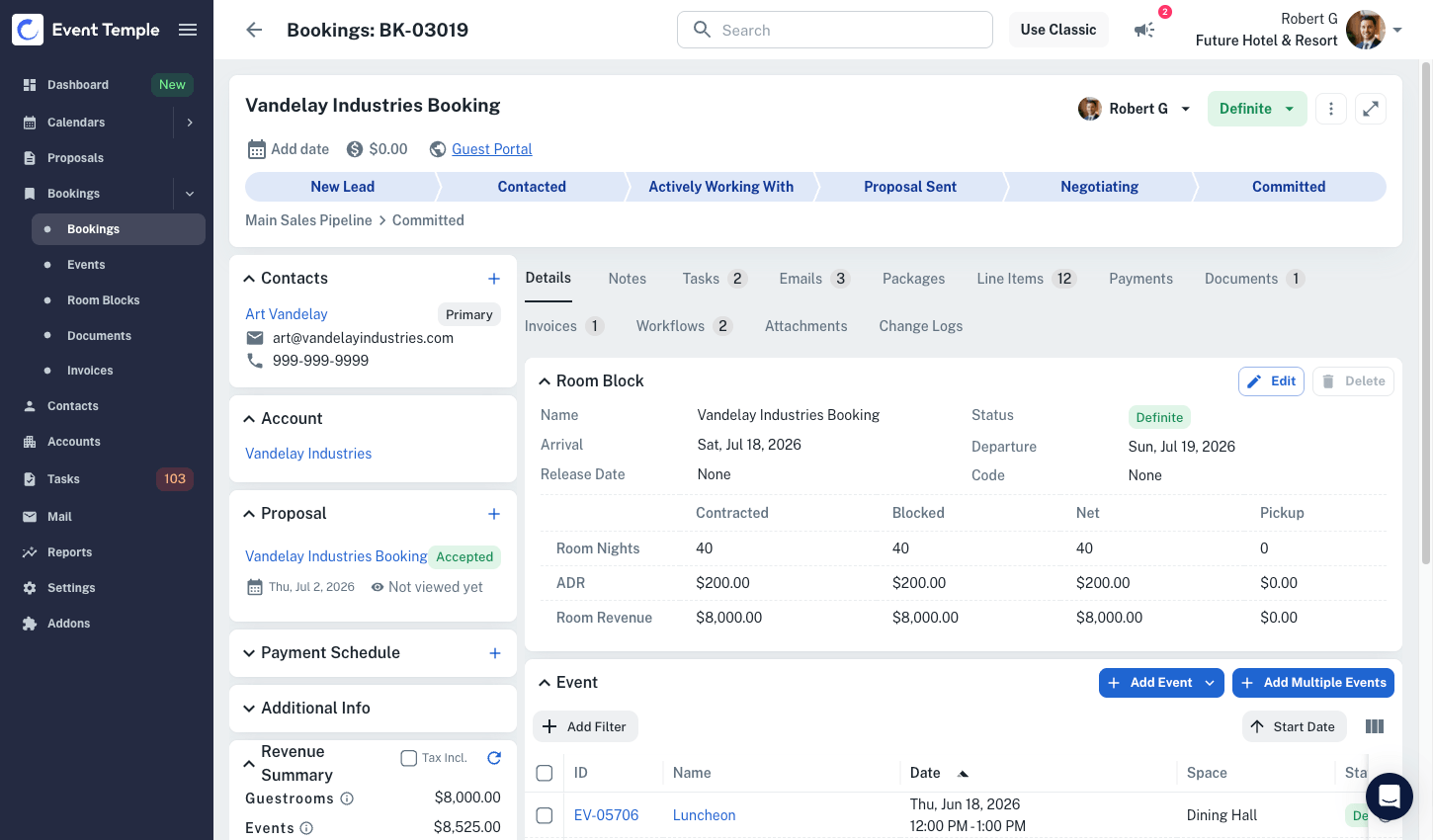 Event Temple booking record with room block, pickup, proposal, and revenue summary