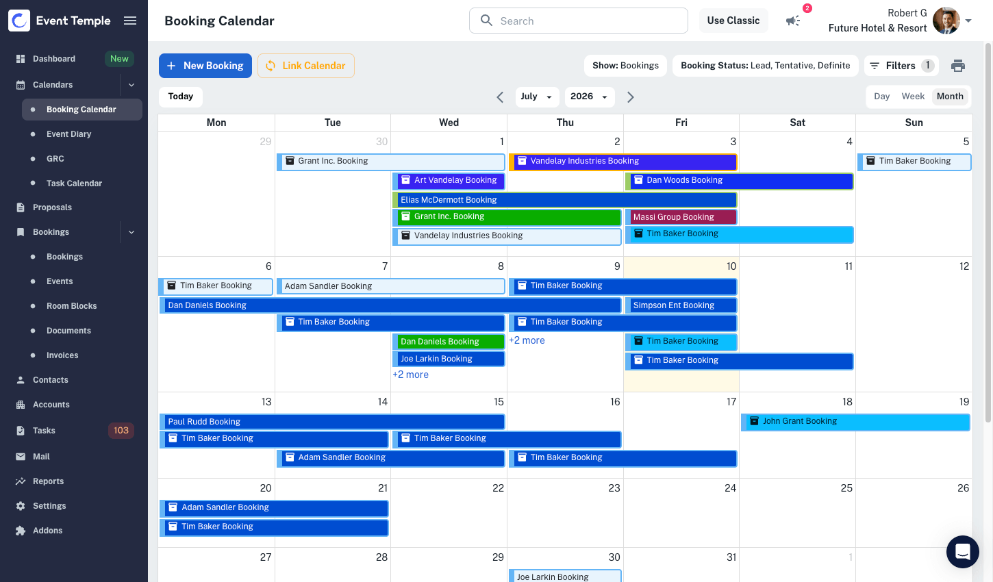 Event Temple booking calendar and event diary