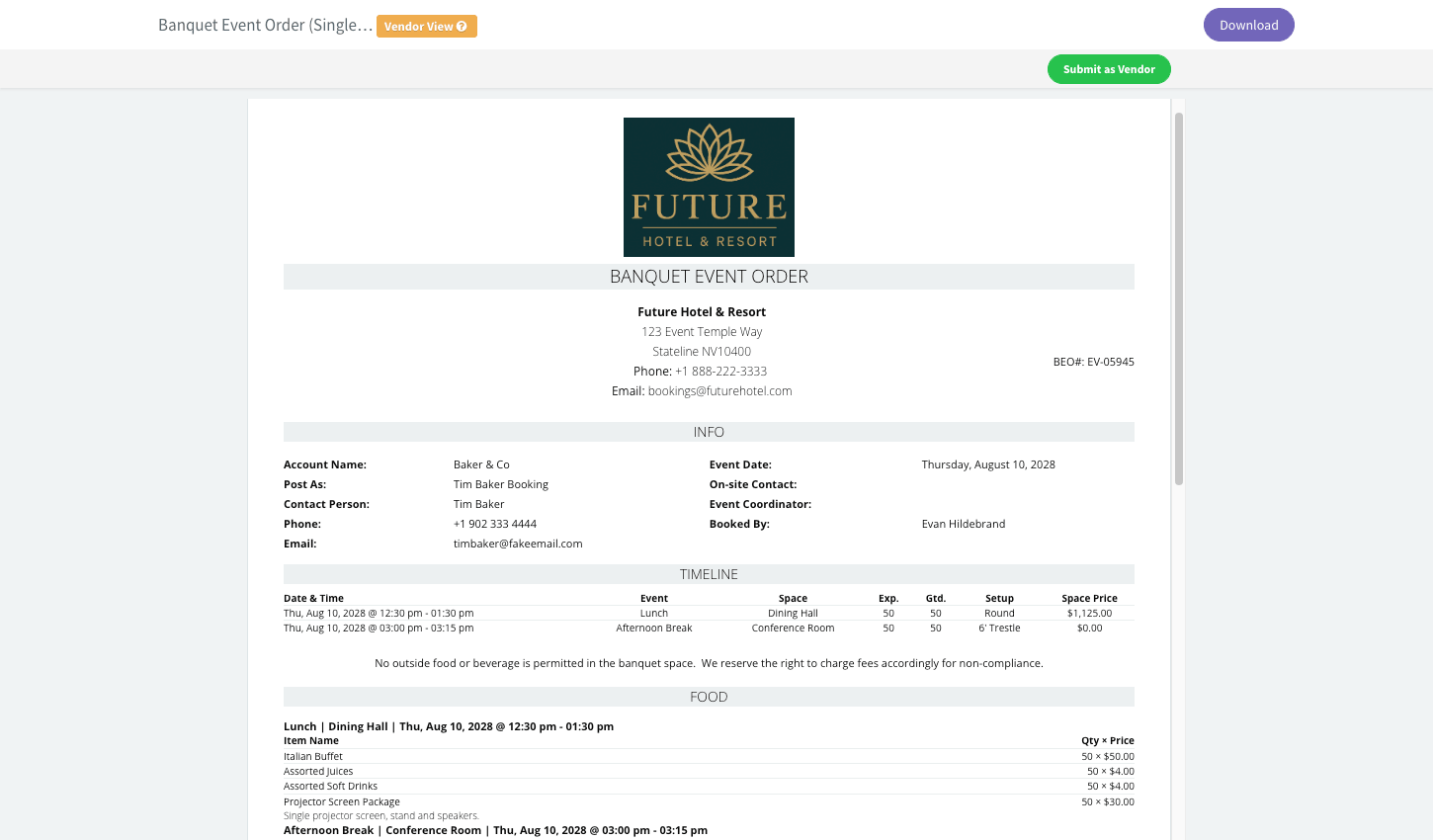 Event Temple banquet event order synced to the hotel booking