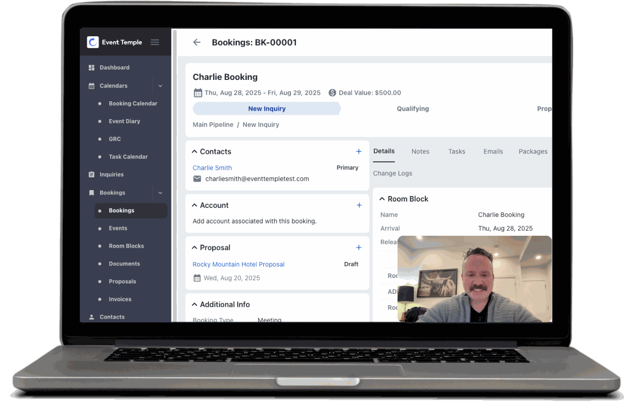 Live Event Temple demo: a product expert walks through a hotel booking on a video call