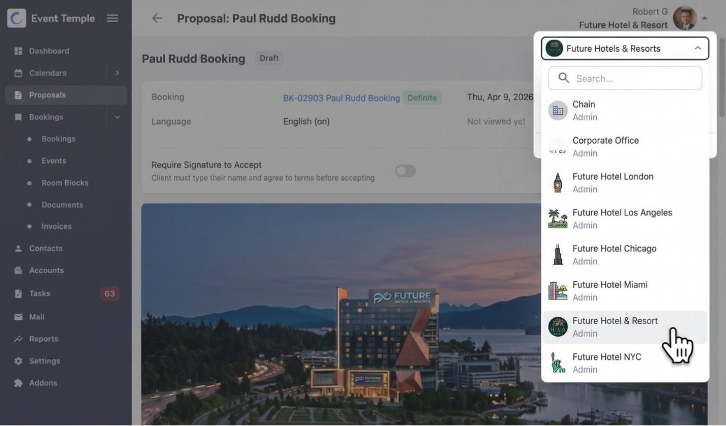 Switching between hotel properties in Event Temple multi-property management