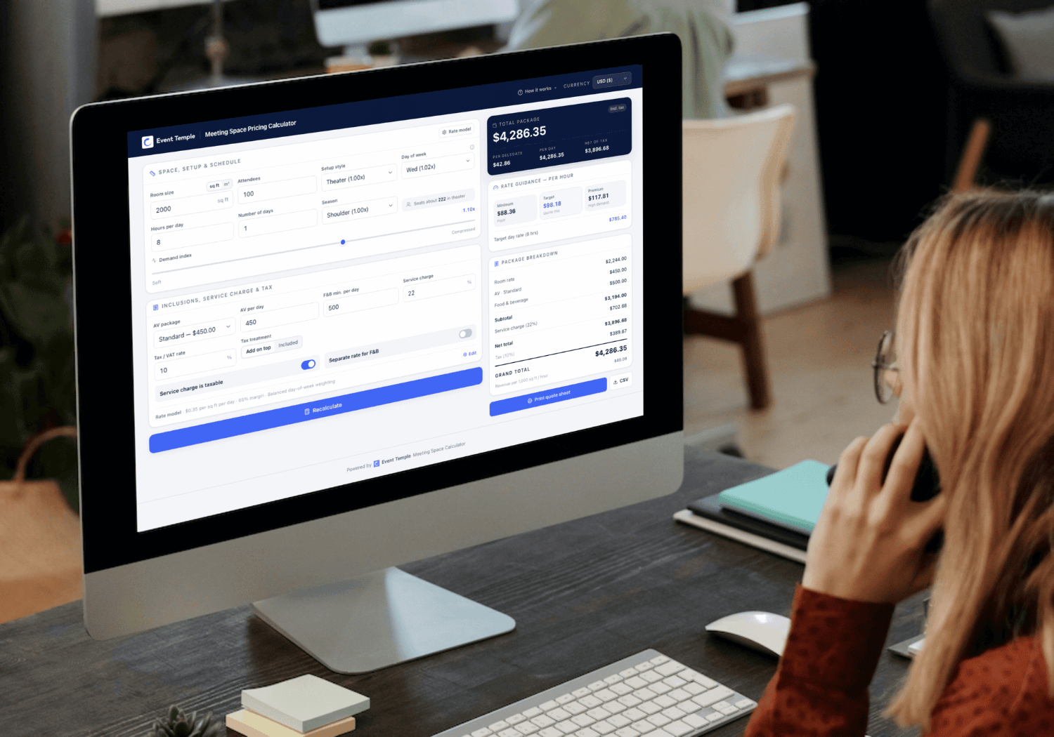 Hotel sales manager pricing a meeting room in the Event Temple Meeting Space Pricing Calculator