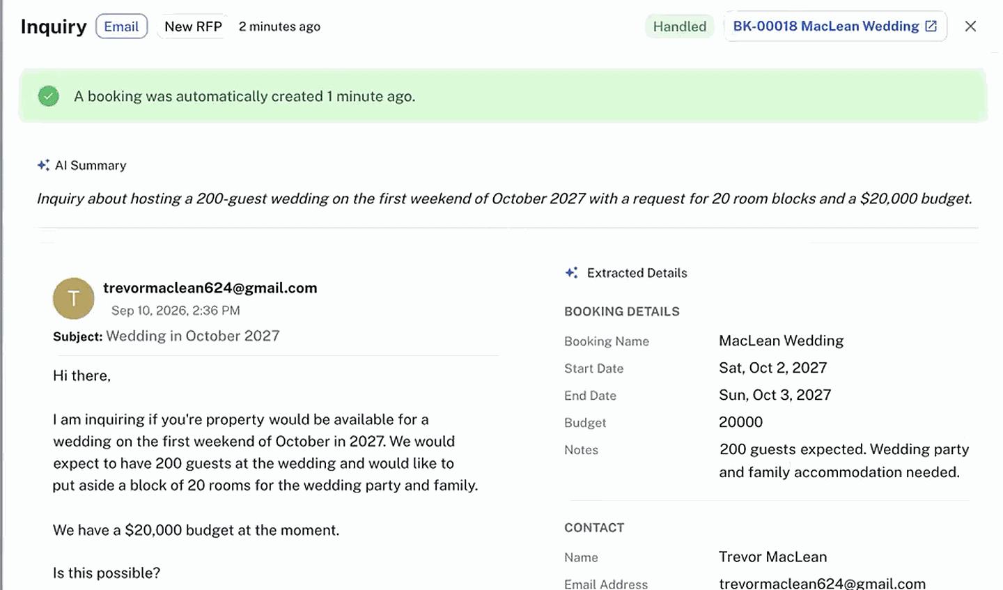 Event Temple AI Sales Coordinator showing an inquiry email with an AI summary, extracted booking details, and the booking it created