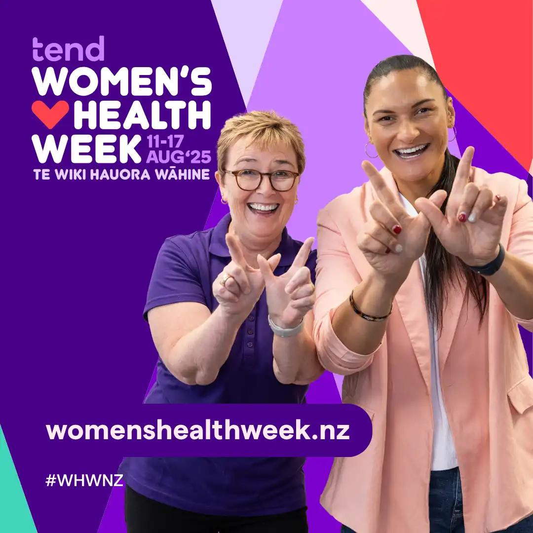 Dr Eileen Sables and Dame Valerie Adams doing the WHW hand symbol