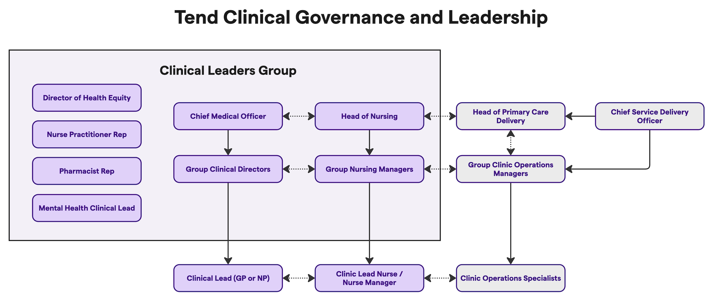 Diagram of Tenc Clinical Governance and Leadership structure