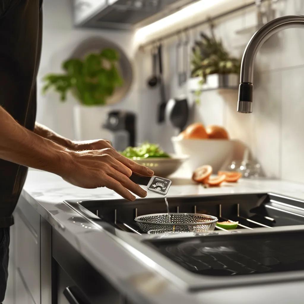 Homeowner installing a drain strainer to prevent future clogs in the kitchen sink