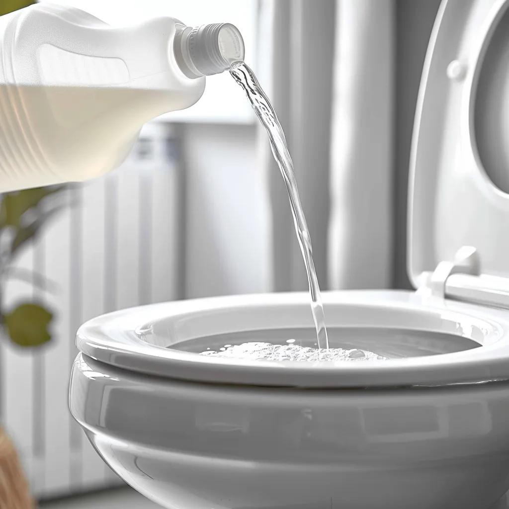 Dish soap and hot water being poured into a toilet bowl for unclogging