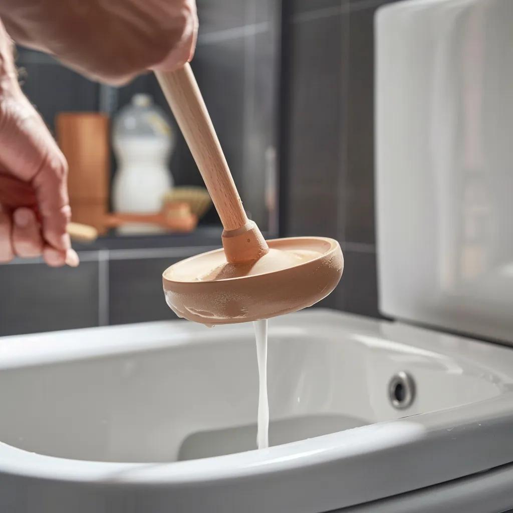 Person using a plunger to clear a toilet clog in a well-lit bathroom