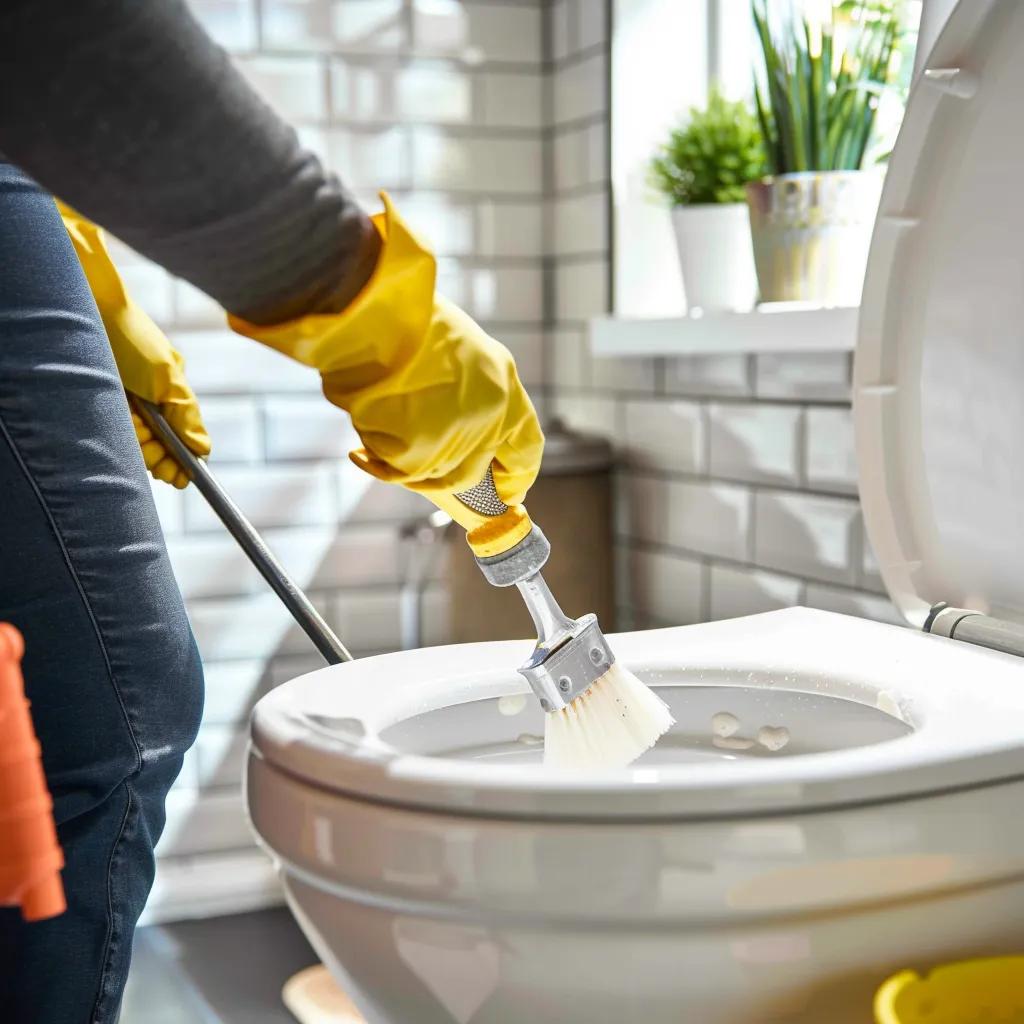 Homeowner performing regular maintenance on a toilet to prevent clogs, showcasing tools and cleaning supplies