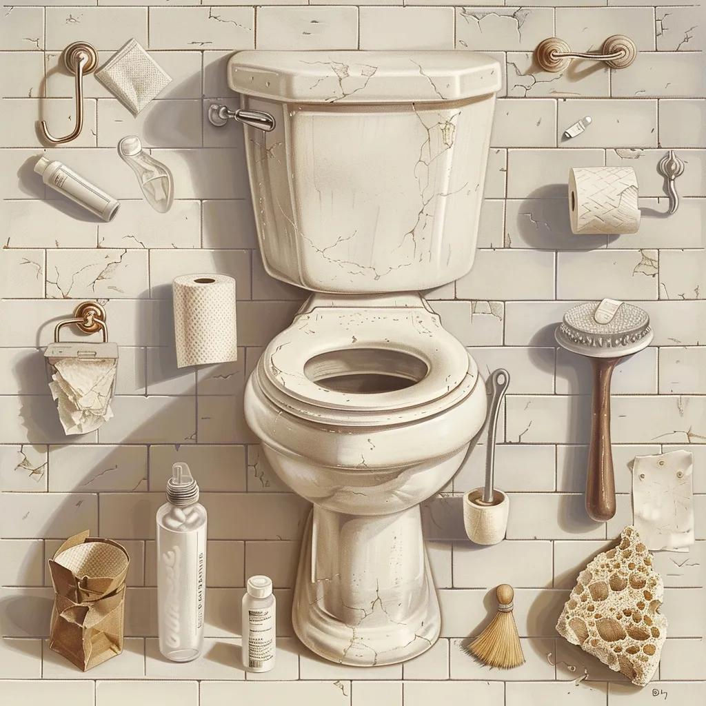 Visual representation of common causes of toilet blockages including toilet paper and non-flushable items