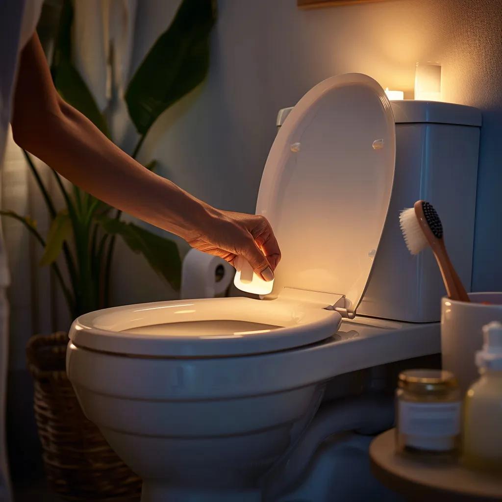 Person performing toilet maintenance in a clean bathroom, showcasing hygiene practices and care for the toilet