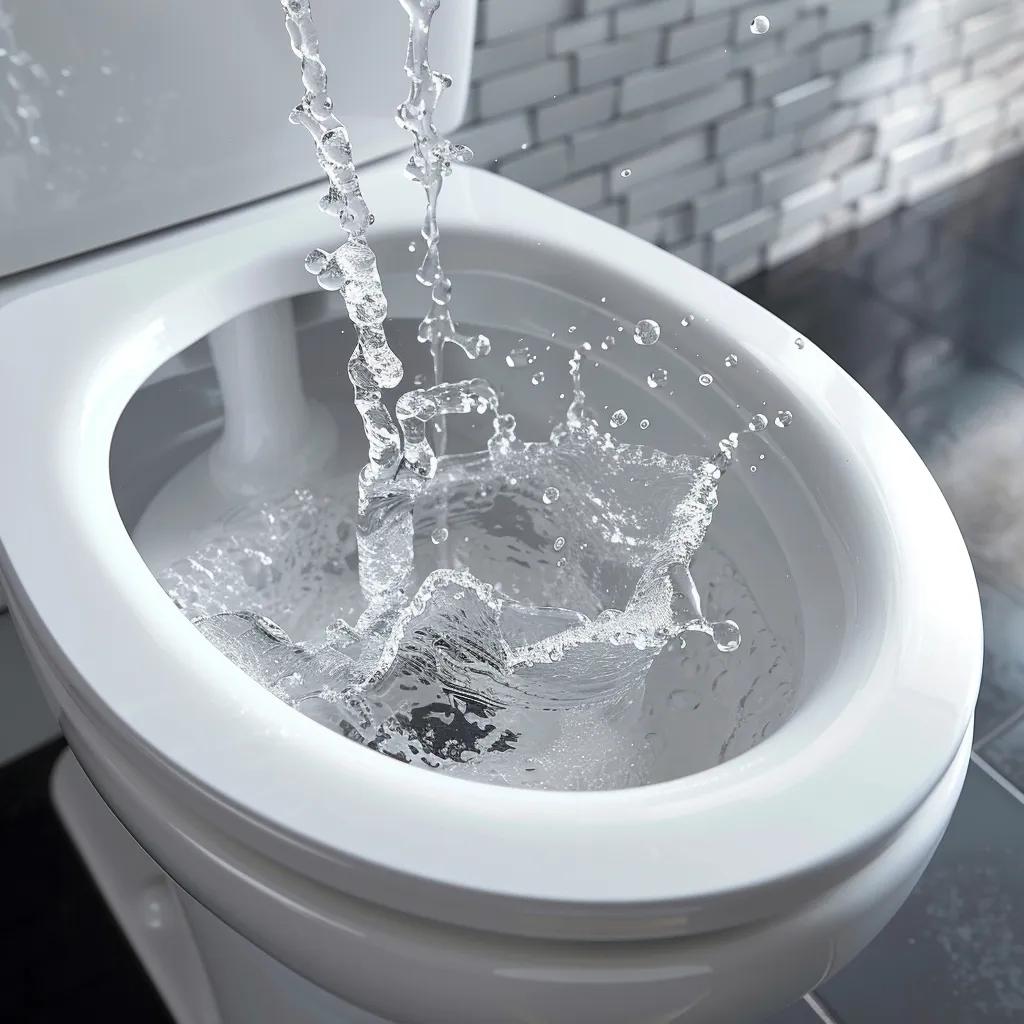 Flushing action of a toilet bowl showing water flow and siphon effect