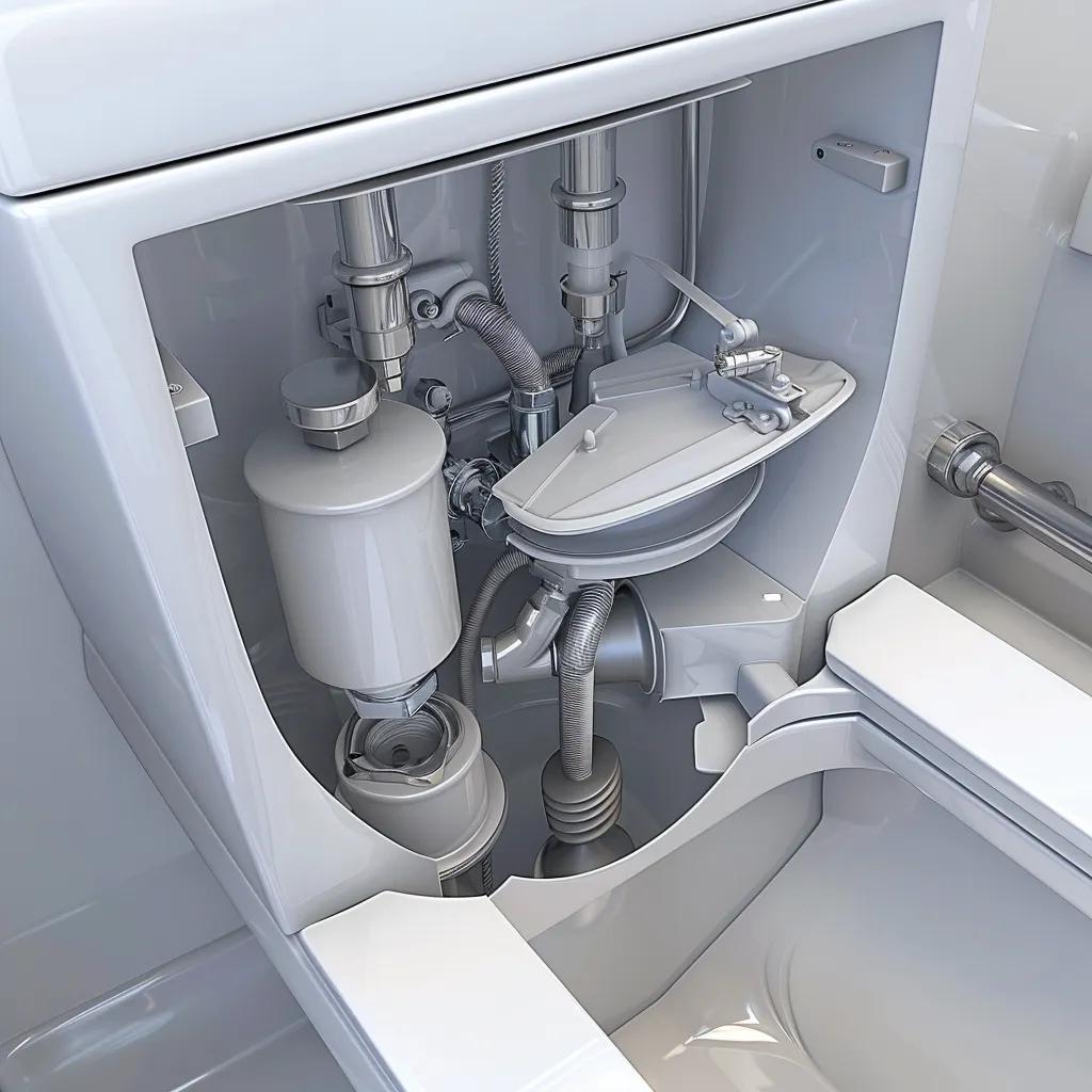 Interior view of a toilet tank showing fill valve, flush valve, and flapper