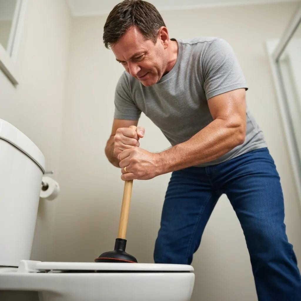 Person using a plunger on a clogged toilet, illustrating effective DIY solutions for toilet problems
