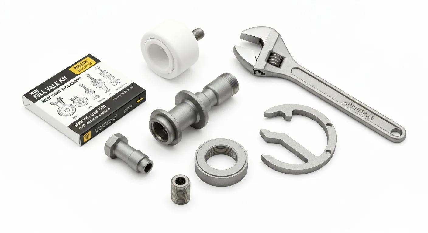 Tools and parts for replacing a toilet fill valve, including a new fill valve kit and adjustable wrench